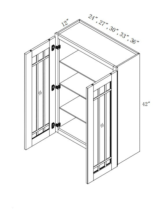 W2740/GD: Oak Shaker Wall 27"W*40"H*12"D-2D-3S/ Glass Door