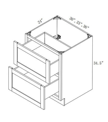 DB33-2: Oak Shaker 33"  2 Drawers   Standard Base Cabinet