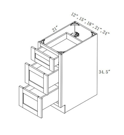 VDB24-3: Oak Shaker 24"  3 Drawers   Vanity Drawer Base Cabinet
