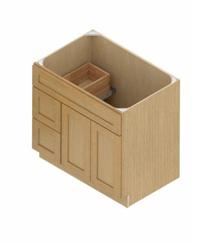 VSD36L: Oak Shaker Vanity Sink Drawer Left 36"W*21"D*34-1/2"H-2D-2DRA 1 Header
