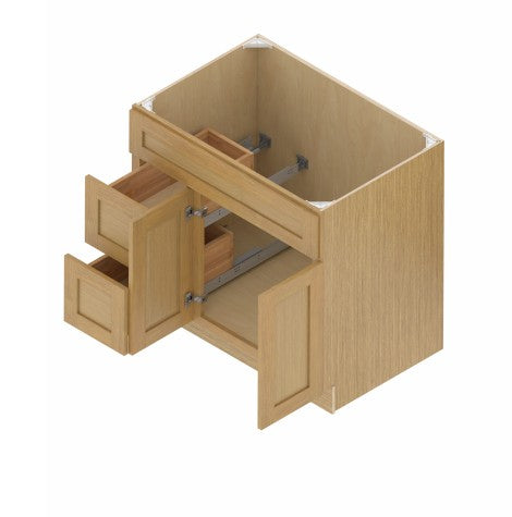 VSD36L: Oak Shaker Vanity Sink Drawer Left 36"W*21"D*34-1/2"H-2D-2DRA 1 Header
