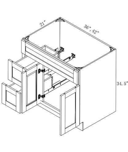 VSD42L: Oak Shaker Vanity Sink Drawer Left 42"W*21"D*34-1/2"H-2D-2DRA 1 Header
