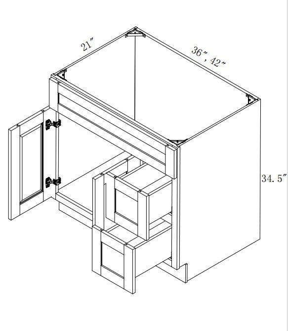 VSD36R: Oak Shaker Vanity Sink Drawer Right 36"W*21"D*34-1/2"H-2D-2DRA 1 Header