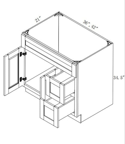 VSD42R: Oak Shaker Vanity Sink Drawer Right 42"W*21"D*34-1/2"H-2D-2DRA 1 Header