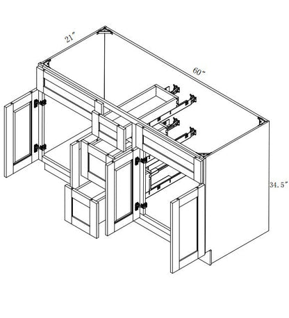 VSD60DD: Oak Shaker Vanity Side Drawer Base Cabinet Double Basin 60"W*34-1/2"H*21"D - 4D-3DRA