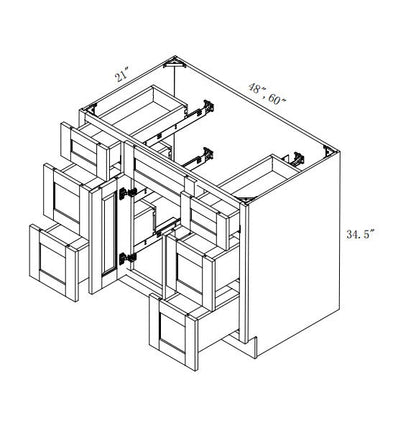 VSD60D: Oak Shaker Vanity Side Drawer Base Cabinet Single Basin 60"W*34-1/2"H*21"D - 2D-6DRA